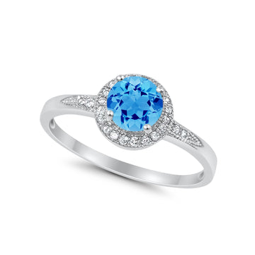 Halo Art Deco Engagement Ring Round Simulated Blue Topaz CZ 925 Sterling Silver